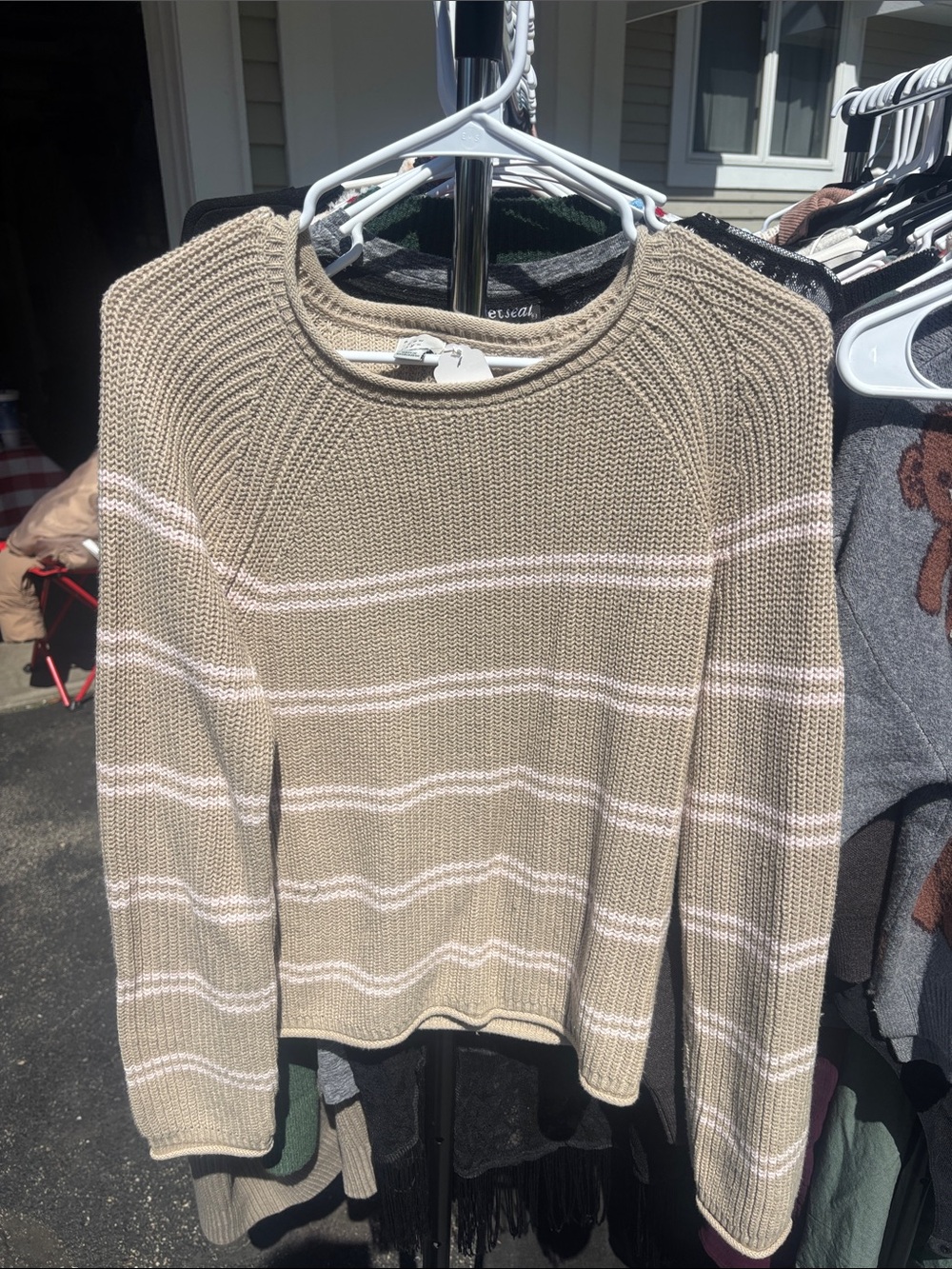 a new day Beige and White Striped Crewneck Sweater